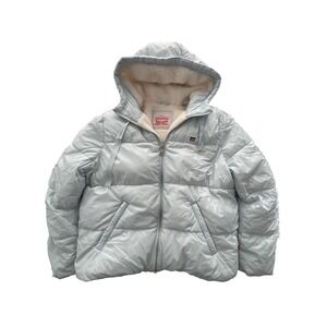 Levi's Puffer Jacket Unisex Large Light Blue Hooded Faux Fur Lined RARE Warm